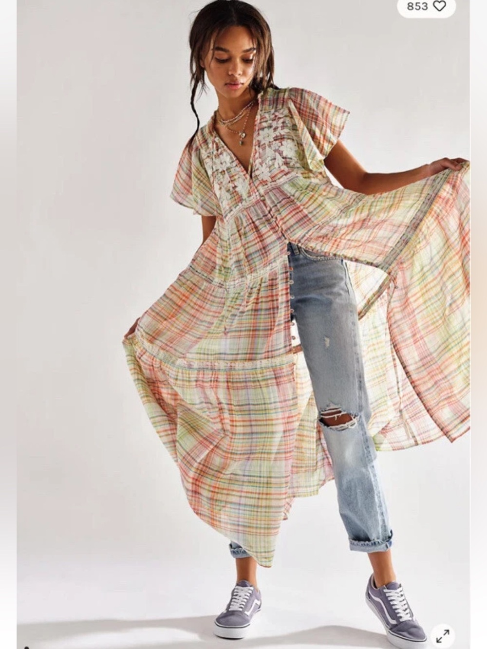 Free People Sally Maxi Top Dress Floral Embroidered Plaid Lace Appliqué Size M/L
